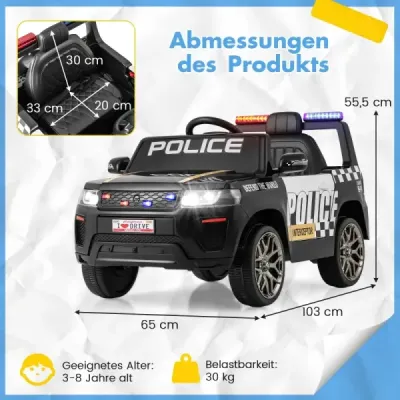 Detské policajné auto, 12V policajné auto s diaľkovým ovládaním, LED blikajúcimi svetlami, čierne