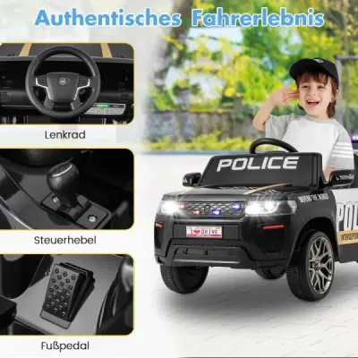 Detské policajné auto, 12V policajné auto s diaľkovým ovládaním, LED blikajúcimi svetlami, čierne