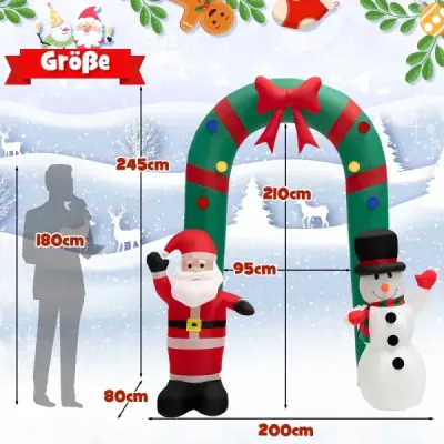 245 cm vysoký nafukovací vianočný oblúk s výzdobou Santa Clausa a snehuliaka
