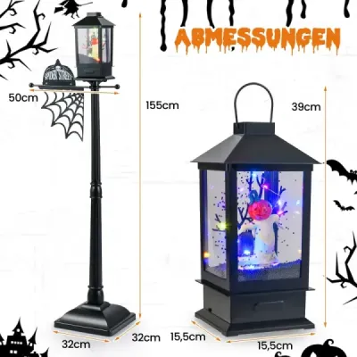 155 cm halloweenska pouličná lampa so 6-farebnými LED svetlami, hudbou a efektom čierneho snehu.