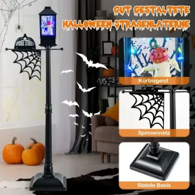 155 cm halloweenska pouličná lampa so 6-farebnými LED svetlami, hudbou a efektom čierneho snehu.