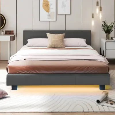 Posteľ 140 x 200 cm s LED osvetlením, čalúnená posteľ s lamelovým rámom, sivý rám postele