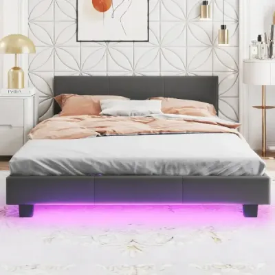 Posteľ 140 x 200 cm s LED osvetlením, čalúnená posteľ s lamelovým rámom, sivý rám postele