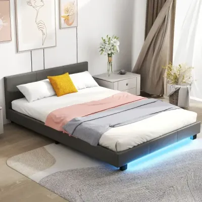 Posteľ 140 x 200 cm s LED osvetlením, čalúnená posteľ s lamelovým rámom, sivý rám postele