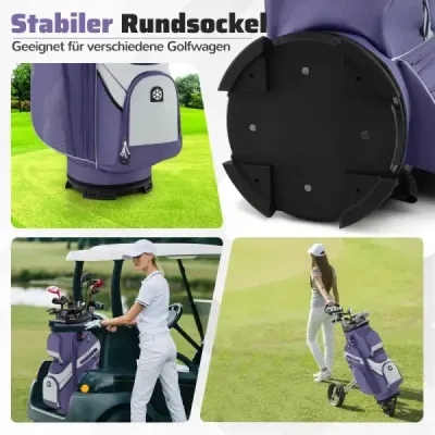 Golfová taška so 14 priehradkami, popruhom na prenášanie, pláštenkou proti dažďu a 11 vreckami. Ľahká fialová taška na golfový vozík.