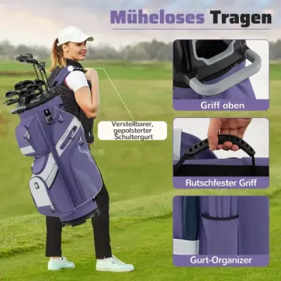 Golfová taška so 14 priehradkami, popruhom na prenášanie, pláštenkou proti dažďu a 11 vreckami. Ľahká fialová taška na golfový vozík.