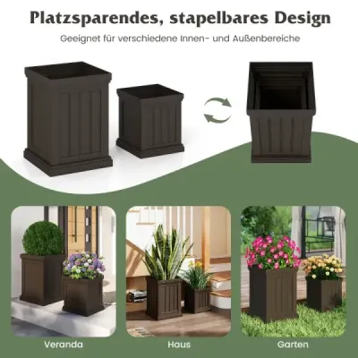 Sada 2 štvorcových kvetináčov, výška 48/31,5 cm, stohovateľné kvetináče odolné voči poveternostným vplyvom, kvetináče s drenážnymi otvormi, plastový kvetináč z PP, hnedý