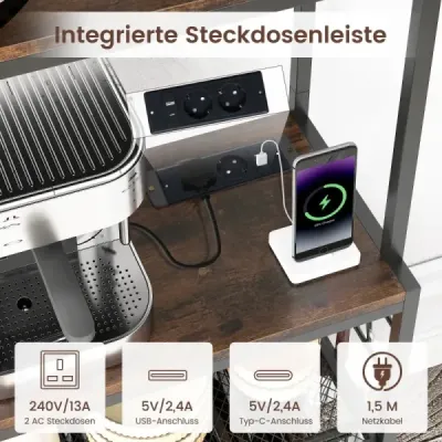 Stojan na víno s objímkou, držiakmi na poháre a poháre a 8 háčikmi, stojan na mikrovlnnú rúru, rustikálny hnedý