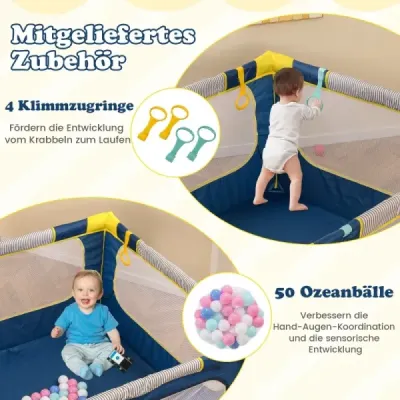 Skladacia detská ohrádka s 50 loptičkami, 4 rúčkami a zipsovou bránkou, modrá ohrádka na lezenie