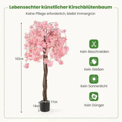Umelý čerešňový kvet v kvetináči, umelá kvetinová rastlina s ružovými kvetmi 163 cm