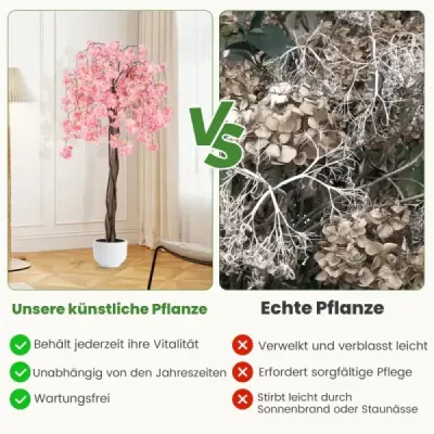 Umelý čerešňový kvet v kvetináči, umelá kvetinová rastlina s ružovými kvetmi 163 cm