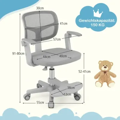 Detská kancelárska stolička s výškovo nastaviteľnou výškou sedadla 41-52 cm Detská otočná stolička s kolieskami sivá