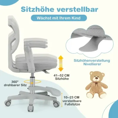 Detská kancelárska stolička s výškovo nastaviteľnou výškou sedadla 41-52 cm Detská otočná stolička s kolieskami sivá