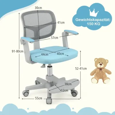 Detská kancelárska stolička s výškovo nastaviteľnou výškou sedadla 41-52 cm Detská otočná stolička s kolieskami Modrá