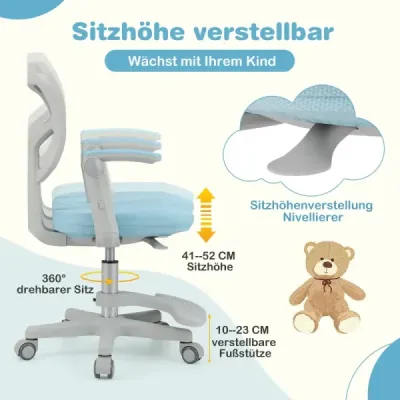 Detská kancelárska stolička s výškovo nastaviteľnou výškou sedadla 41-52 cm Detská otočná stolička s kolieskami Modrá