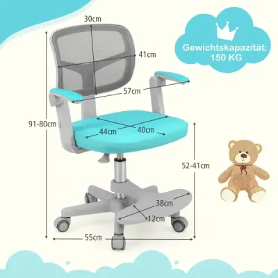 Detská kancelárska stolička s výškovo nastaviteľnou výškou sedadla 41-52 cm Detská otočná stolička s kolieskami tyrkysová
