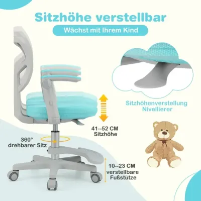 Detská kancelárska stolička s výškovo nastaviteľnou výškou sedadla 41-52 cm Detská otočná stolička s kolieskami tyrkysová