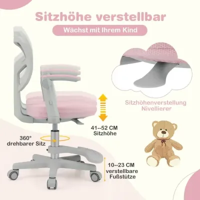 Detská kancelárska stolička s výškovo nastaviteľnou výškou sedadla 41-52 cm Detská otočná stolička s kolieskami ružová