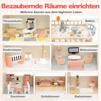 Rohový drevený domček pre bábiky s ružovou strechou a 41 kusmi nábytku a doplnkov Domček pre bábiky
