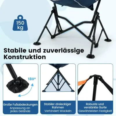 Skladacia kempingová stolička s nastaviteľným operadlom a držiakom na poháre, skladacia stolička, modrá