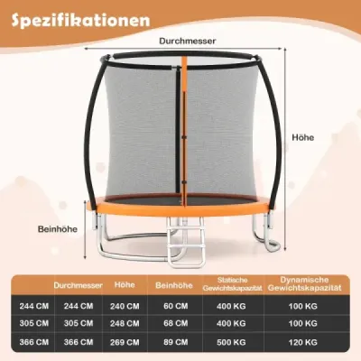 Trampolína vonkajšia s rebríkom, záhradná okrúhla trampolína s ochrannou sieťou Ø244cm oranžová