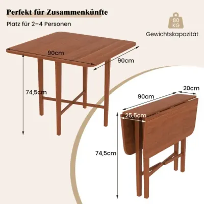 Štvorcový drevený jedálenský stôl pre 2-4 osoby s 2 skladacími doskami. Skladací jedálenský stôl hnedej farby.