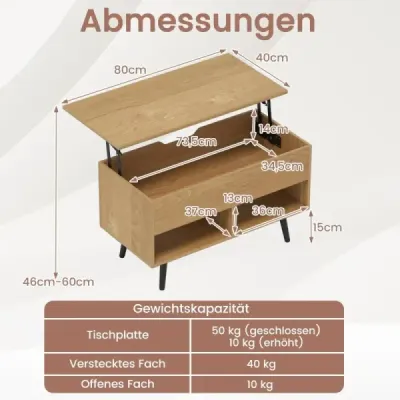 Výškovo nastaviteľný konferenčný stolík s výsuvnou doskou a 2 otvorenými policami. Konferenčný stolík, prírodný. Výškovo nastaviteľný konferenčný stolík s výsuvnou doskou a 2 otvorenými policami. Konferenčný stolík, prírodný.