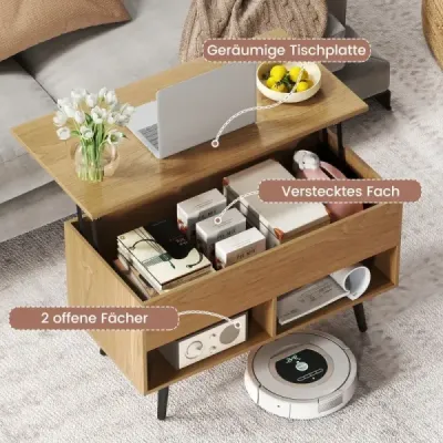 Výškovo nastaviteľný konferenčný stolík s výsuvnou doskou a 2 otvorenými policami. Konferenčný stolík, prírodný. Výškovo nastaviteľný konferenčný stolík s výsuvnou doskou a 2 otvorenými policami. Konferenčný stolík, prírodný.