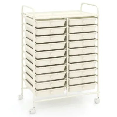 Kúpeľňový vozík s 20 stohovateľnými zásuvkami a kovovým rámom, biely, s kolieskami