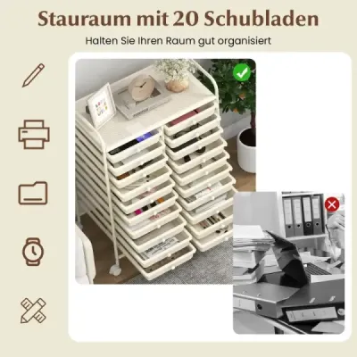 Kúpeľňový vozík s 20 stohovateľnými zásuvkami a kovovým rámom, biely, s kolieskami