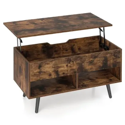 Výškovo nastaviteľný konferenčný stolík s výsuvnou doskou a 2 otvorenými policami, konferenčný stolík, rustikálny hnedý