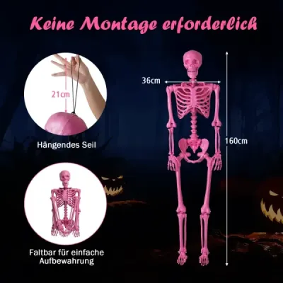 160 CM Halloweenská kostra v životnej veľkosti, polohovateľná kostra s pohyblivými kĺbmi, halloweenská dekorácia ružová