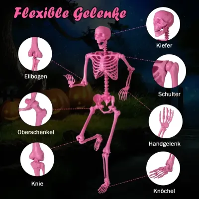 160 CM Halloweenská kostra v životnej veľkosti, polohovateľná kostra s pohyblivými kĺbmi, halloweenská dekorácia ružová