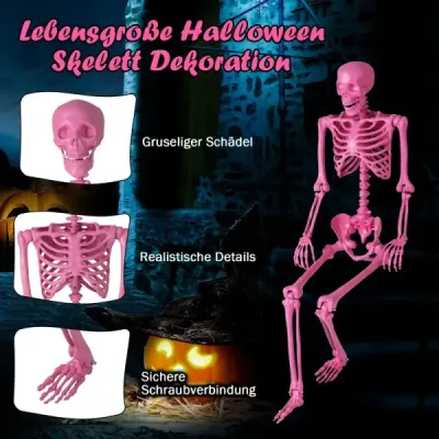 160 CM Halloweenská kostra v životnej veľkosti, polohovateľná kostra s pohyblivými kĺbmi, halloweenská dekorácia ružová