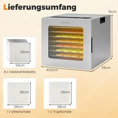 Sušička potravín s výkonom 850 W s 8 táckami, 48-hodinovým časovačom a reguláciou teploty 35 – 75 ℃, strieborná Sušička potravín s výkonom 850 W s 8 táckami, 48-hodinovým časovačom a reguláciou teploty 35 – 75 ℃, strieborná