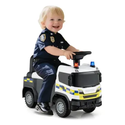 Policajné auto 2 v 1 s volantom a úložným priestorom Posuvné auto Tlačné auto Biele