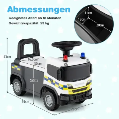 Policajné auto 2 v 1 s volantom a úložným priestorom Posuvné auto Tlačné auto Biele