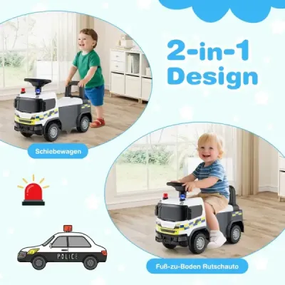 Policajné auto 2 v 1 s volantom a úložným priestorom Posuvné auto Tlačné auto Biele