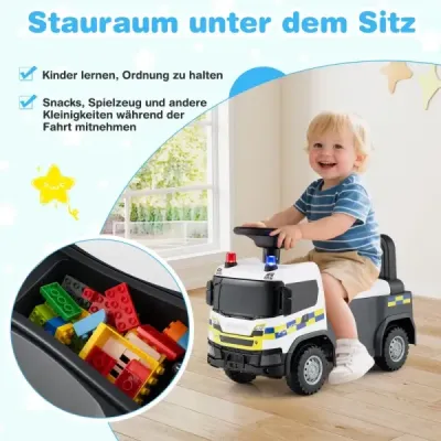 Policajné auto 2 v 1 s volantom a úložným priestorom Posuvné auto Tlačné auto Biele