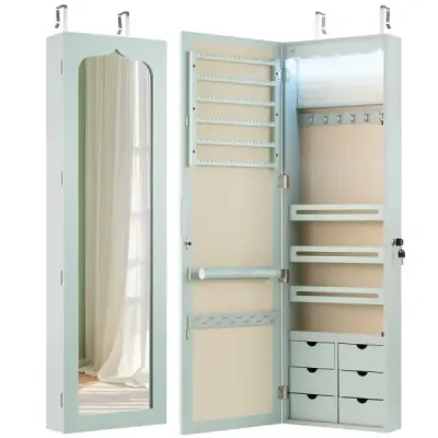 Skrinka na šperky s LED Uzamykateľná nástenná/dverová skrinka na šperky so zrkadlom a 6 zásuvkami Zelená