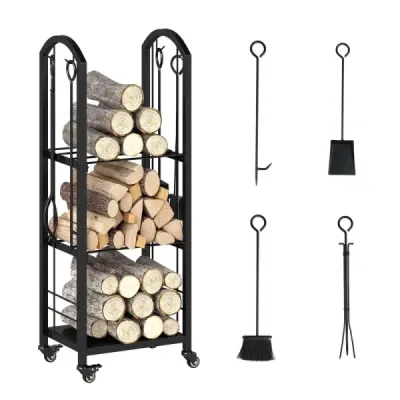 3-stupňový pojazdný stojan na palivové drevo Vnútorný a vonkajší držiak na palivové drevo s kliešťami Čierna farba