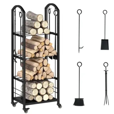 4-stupňový pojazdný stojan na stohovanie polien pre interiér a exteriér s kliešťami čierny