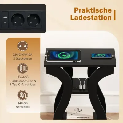 Sada 2 bočných stolíkov s nabíjacou stanicou 3-poschodový rozkladací stolík Nočný stolík s USB portami Čierny
