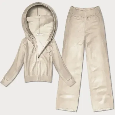 Pletená dvojdielna súprava mikiny a nohavíc MODA8803 svetlobéžová