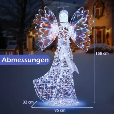 158cm vianočný anjel s 250 studenými bielymi LED svetlami a vianočnou dekoráciou so svätožiarou a flautou