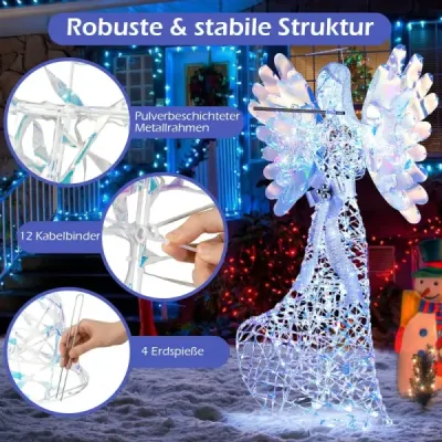158cm vianočný anjel s 250 studenými bielymi LED svetlami a vianočnou dekoráciou so svätožiarou a flautou