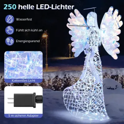 158cm vianočný anjel s 250 studenými bielymi LED svetlami a vianočnou dekoráciou so svätožiarou a flautou
