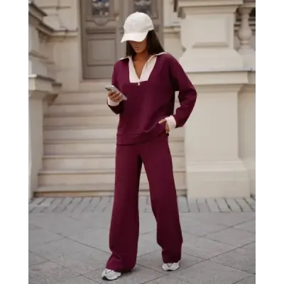 Blúzka s golierom a široké nohavice s vreckami MODA107 bordové