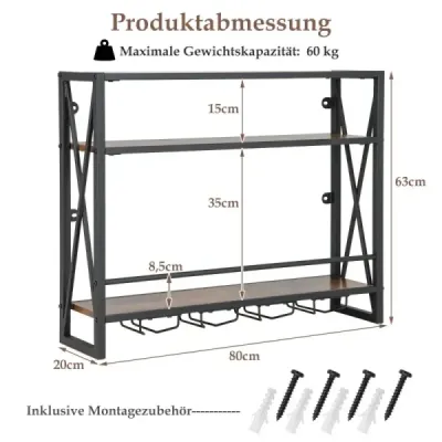 Nástenný kovový stojan na víno 3-Tier s držiakom na sklo Priemyselný dizajn Rustic Brown
