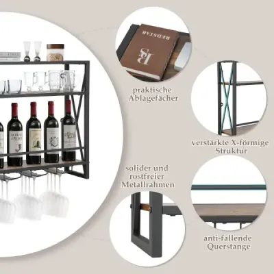 Nástenný kovový stojan na víno 3-Tier s držiakom na sklo Priemyselný dizajn Rustic Brown